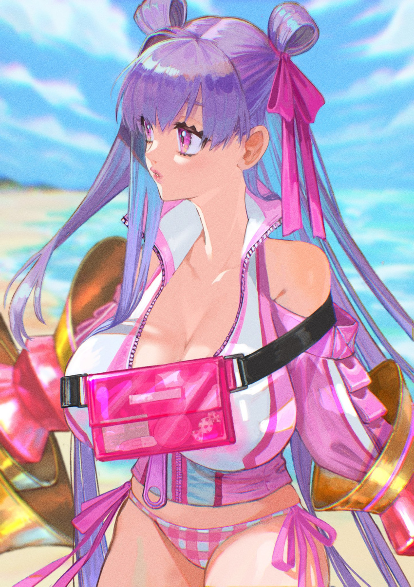 bare_shoulders beach bikini blue_sky blush breasts claw_(weapon) cleavage clothing_cutout fate/grand_order fate_(series) female hair_ribbon highres huge_breasts jacket long_hair long_sleeves looking_to_the_side open_mouth ota_(ota-0000) passionlip_(fate) pink_bikini pink_eyes pink_jacket pink_ribbon purple_hair ribbon shore shoulder_cutout sky solo swimsuit very_long_hair weapon