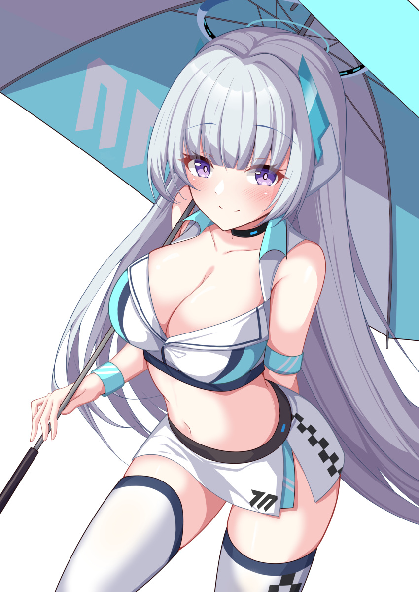 absurdres armband bare_shoulders blue_archive blue_halo blunt_bangs blush breasts checkered_clothes checkered_skirt cleavage closed_mouth collarbone grey_hair halo highres holding holding_umbrella large_breasts long_hair looking_at_viewer mechanical_halo multicolored_halo navel noa_(blue_archive) purple_eyes race_queen simple_background skirt standing thighhighs umbrella very_long_hair white_background white_halo yumemin_(yumemi5140)