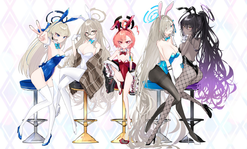 5girls absurdres ahoge animal_ears black_hair black_leotard blonde_hair blue_archive blue_eyes blue_leotard bow bowtie braid breasts brown_shawl cleaning_&_clearing_(blue_archive) cleavage dark-skinned_female dark_skin detached_collar fake_animal_ears fake_tail fishnet_pantyhose fishnets glasses gloves hair_over_one_eye halo highleg highleg_leotard highres jacket large_breasts leotard long_hair looking_at_viewer mo2upoyo mole multiple_girls pantyhose plaid_clothes plaid_shawl playboy_bunny purple_halo rabbit_ears rabbit_tail red_eyes red_leotard shawl smile strapless strapless_leotard sukajan tail white_leotard wrist_cuffs yellow_eyes