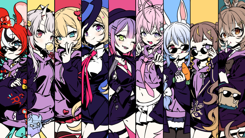 6+girls :3 :d :o :q ahoge akai_haato aki_rosenthal animal_ears anya_melfissa aqua_eyes black_hair blonde_hair blowing_bubbles blue_eyes blue_hair blush braid brown_eyes brown_hair chewing_gum claw_pose cropped_hoodie crown_braid detached_hair elreyiens fangs feather_hair_ornament feathers fedora fox_ears fox_girl fox_tail friend_(nanashi_mumei) gradient_hair green_eyes hair_ornament hakos_baelz hakui_koyori hat highres hololive hololive_english hololive_grand_theft_auto hololive_indonesia hood hoodie horns long_hair midriff miniskirt mouse_ears mouse_girl mr._squeaks_(hakos_baelz) multicolored_hair multiple_girls nakiri_ayame nanashi_mumei necktie orange_hair pantyhose pink_hair pink_necktie pleated_skirt ponytail purple_eyes purple_hair purple_hoodie rabbit_ears rabbit_girl red_eyes red_hair red_necktie red_skirt round_eyewear shiranui_(nakiri_ayame) skin-covered_horns skirt smile sunglasses tail thighhighs tokoyami_towa tongue tongue_out usada_pekora v variant_set white_hair white_skirt