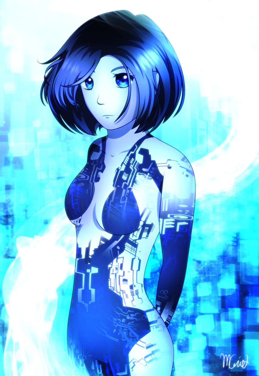 animification arm_behind_back artist_name blue_eyes blue_hair blue_skin breasts colored_skin cortana english_commentary female frown halo_(series) halo_4 highres looking_at_viewer mgirt1 short_hair small_breasts solo