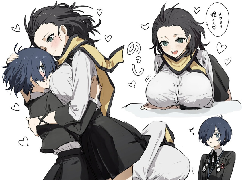 2girls between_breasts black_hair black_ribbon black_skirt blue_eyes blue_hair breasts closed_mouth commentary_request face_between_breasts gekkoukan_high_school_uniform head_between_breasts heart hug large_breasts long_sleeves mochizuki_ryouji mole mole_under_eye multiple_girls multiple_views neck_ribbon one_eye_closed open_mouth persona persona_3 ribbon school_uniform shirt simple_background skirt speech_bubble sweat tamaon_2525 translation_request white_background white_shirt yuri yuuki_makoto_(persona_3)