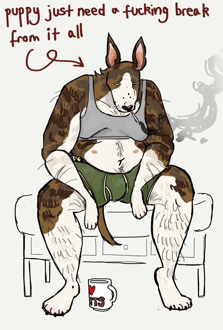 2024 4_fingers 4_toes absurd_res anthro arm_hair arrow_sign barefoot belly_nipples belly_overhang bent_arm bent_legs black_claws black_nose body_hair boxers_(clothing) bra breasts brown_body brown_fur bull_terrier butch_animal_(flockdog) canid canine canis cigarette cigarette_in_mouth cigarette_smoke claws clothing colored container cup digital_drawing_(artwork) digital_media_(artwork) domestic_dog drawer english_text feet female female_anthro fingers flockdog front_view fur furniture green_boxers green_clothing green_underwear grey_bra grey_clothing grey_sports_bra grey_underwear half-closed_eyes handpaw hi_res hunting_dog leg_hair looking_at_viewer mammal mug multicolored_body multicolored_fur narrowed_eyes nipples object_in_mouth on_furniture on_ottoman ottoman partially_clothed_anthro partially_clothed_female paws pink_nipples simple_background sitting slightly_chubby slightly_chubby_anthro slightly_chubby_female slouching smoke smoking smoking_cigarette solo sports_bra spread_legs spreading tan_inner_ear terrier text text_on_mug thick_thighs thin_eyebrows toe_claws toes trans_(lore) trans_woman_(lore) underwear whisker_spots white_background white_body white_fur yellow_eyes