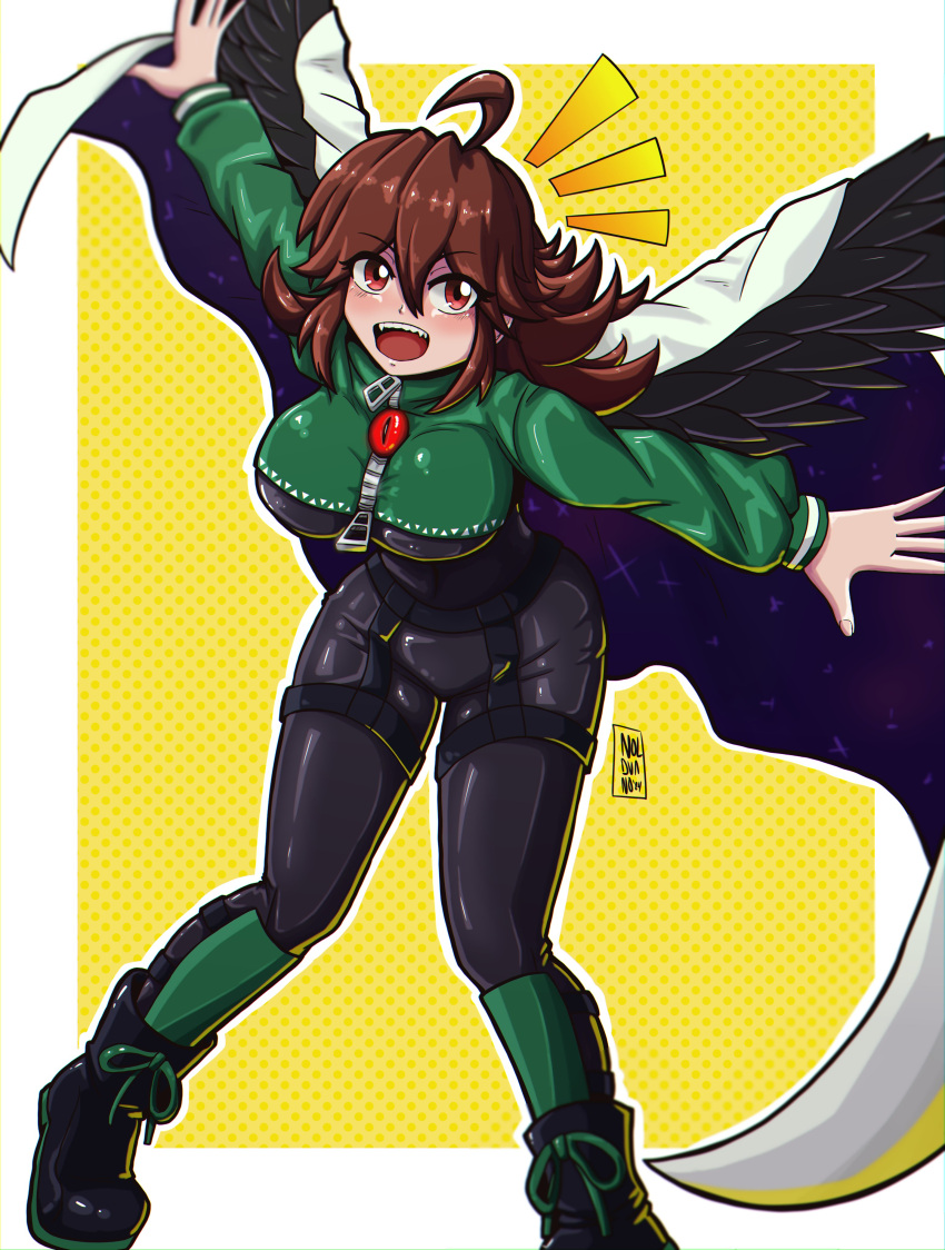 absurdres ahoge black_bodysuit black_footwear blue_cape bodysuit boots border breasts brown_eyes brown_hair cape catsuit female foot_out_of_frame green_bodysuit highres large_breasts latex latex_bodysuit long_sleeves noldvano open_mouth outstretched_arms puffy_sleeves reiuji_utsuho rock_'n'_rock_'n'_beat sharp_teeth simple_background skin_tight solo standing starry_sky_print teeth third_eye_on_chest touhou two-sided_cape two-sided_fabric two-tone_cape white_border white_cape yellow_background zipper zipper_pull_tab