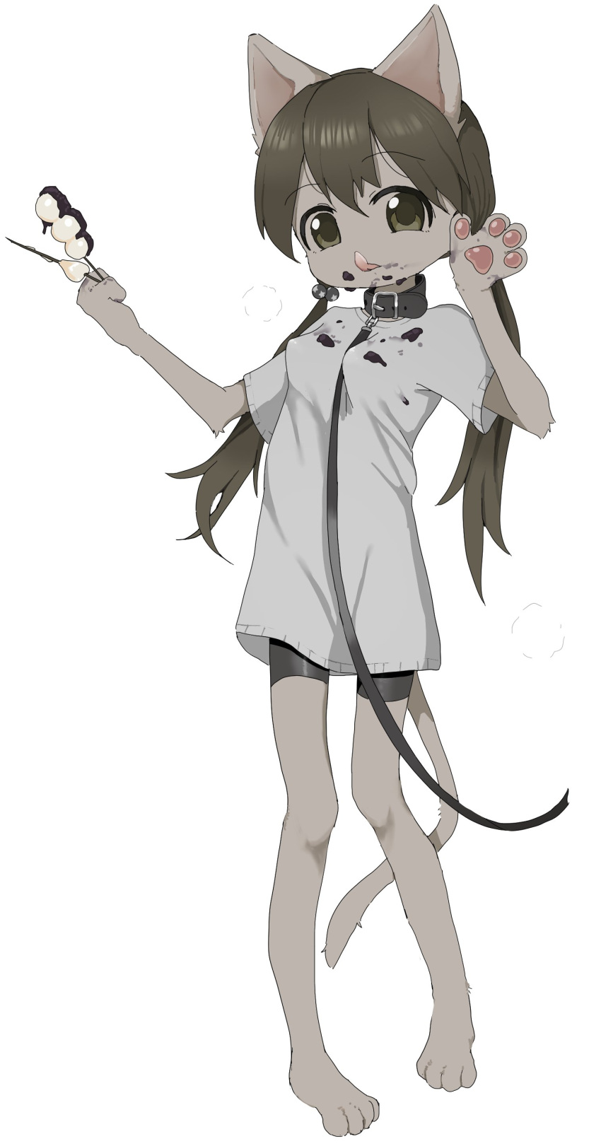 absurdres akane_(3yo4yo5yo) animal_collar animal_ears bike_shorts borrowed_character braid breasts brown_eyes brown_hair cat_ears cat_girl cat_tail collar dango female food furry furry_female highres leash long_hair low_twin_braids original pawpads simple_background small_breasts tail twin_braids vreparty wagashi white_background