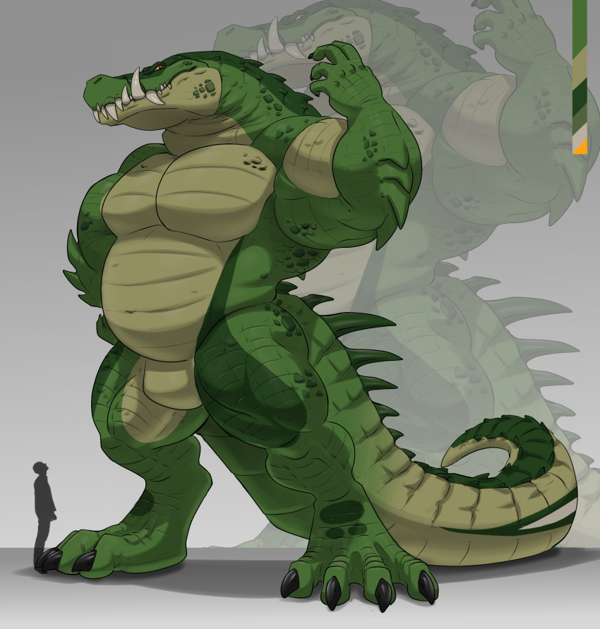 2024 absurd_res alligator alligatorid anthro biceps biped claws comparing crocodile crocodilian crocodylid deinosuchus dinosaur fangs featureless_crotch gradient green_body green_scales green_skin hi_res male musclegut muscular muscular_anthro muscular_legs muscular_male muscular_thighs orange_eyes pallete pecs plated_scales prehistoric_species pupils reptile scales scalie serratus sharp_teeth silhouette size_difference slit_pupils solo spiked_tail spikes spikes_(anatomy) standing tail tan_body tan_scales tan_skin teeth valentinesartx