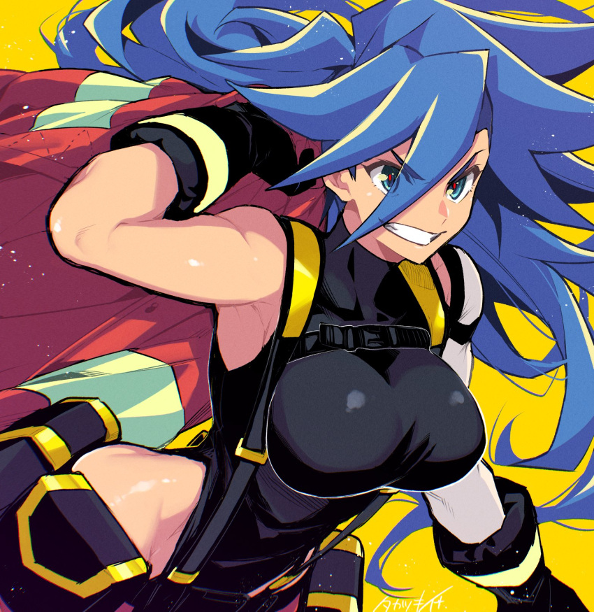 aqua_eyes black_gloves black_leotard blue_hair breasts clenched_teeth commentary_request eyes_visible_through_hair female galo_thymos genderswap_(mtf) gloves hair_between_eyes highres large_breasts leotard long_hair looking_at_viewer promare rule_63 simple_background smile solo takatsuki_ichi teeth yellow_background