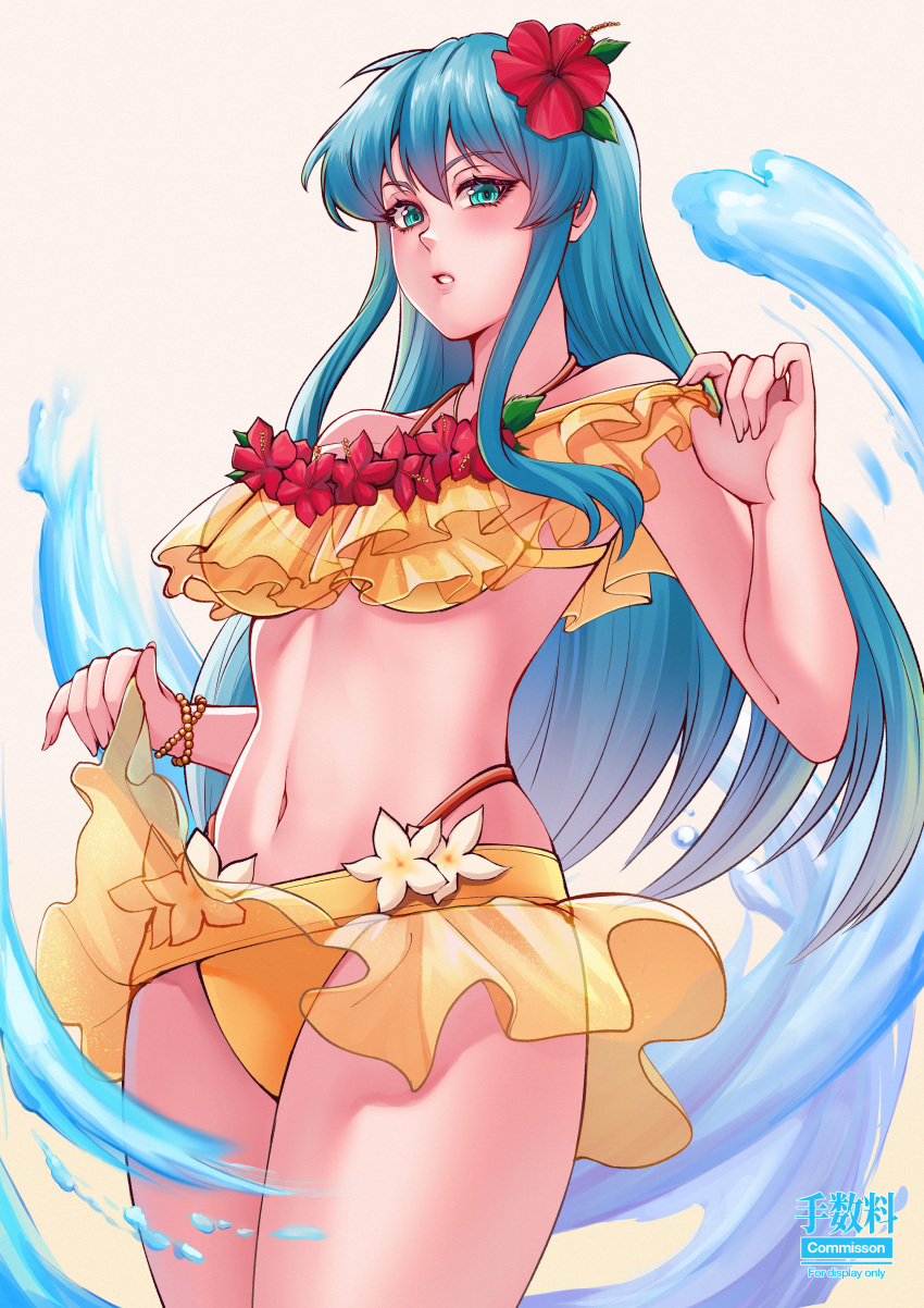 absurdres aqua_eyes bare_shoulders bikini blue_hair blueriest breasts commission eirika_(fire_emblem) eirika_(summer)_(fire_emblem) female fire_emblem fire_emblem:_the_sacred_stones fire_emblem_heroes flower hair_between_eyes hair_flower hair_ornament highres large_breasts long_hair looking_at_viewer navel official_alternate_costume parted_lips red_bikini red_flower sidelocks solo swimsuit two-tone_bikini water white_background yellow_bikini