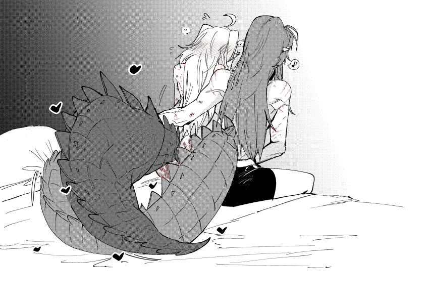 2girls ahoge arknights ban_syou bite_mark bite_mark_on_shoulder commentary_request crocodilian_tail gavial_(arknights) greyscale hand_on_another's_waist heart highres intertwined_tails large_tail long_hair monochrome multiple_girls musical_note nude on_bed pointy_ears scar scar_on_arm shorts sitting spoken_musical_note spot_color tail tomimi_(arknights) two_side_up yuri