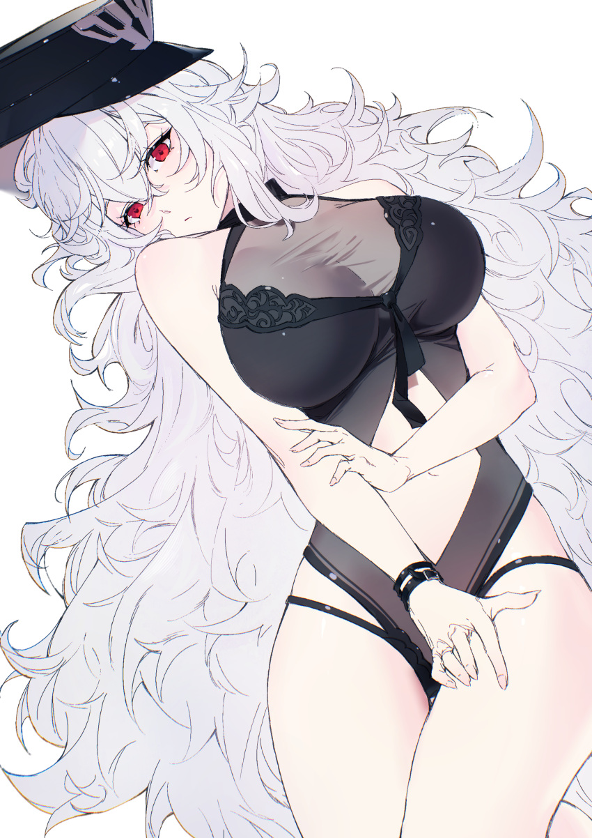 absurdres azur_lane black_one-piece_swimsuit breasts clothing_cutout eyebrows_hidden_by_hair female graf_zeppelin_(azur_lane) graf_zeppelin_(beachside_urd)_(azur_lane) hair_between_eyes hat hatski.sin highres holding_own_arm large_breasts long_hair looking_at_viewer lying messy_hair navel official_alternate_costume on_back one-piece_swimsuit peaked_cap red_eyes sidelocks simple_background solo stomach stomach_cutout swimsuit very_long_hair white_background white_hair wristband