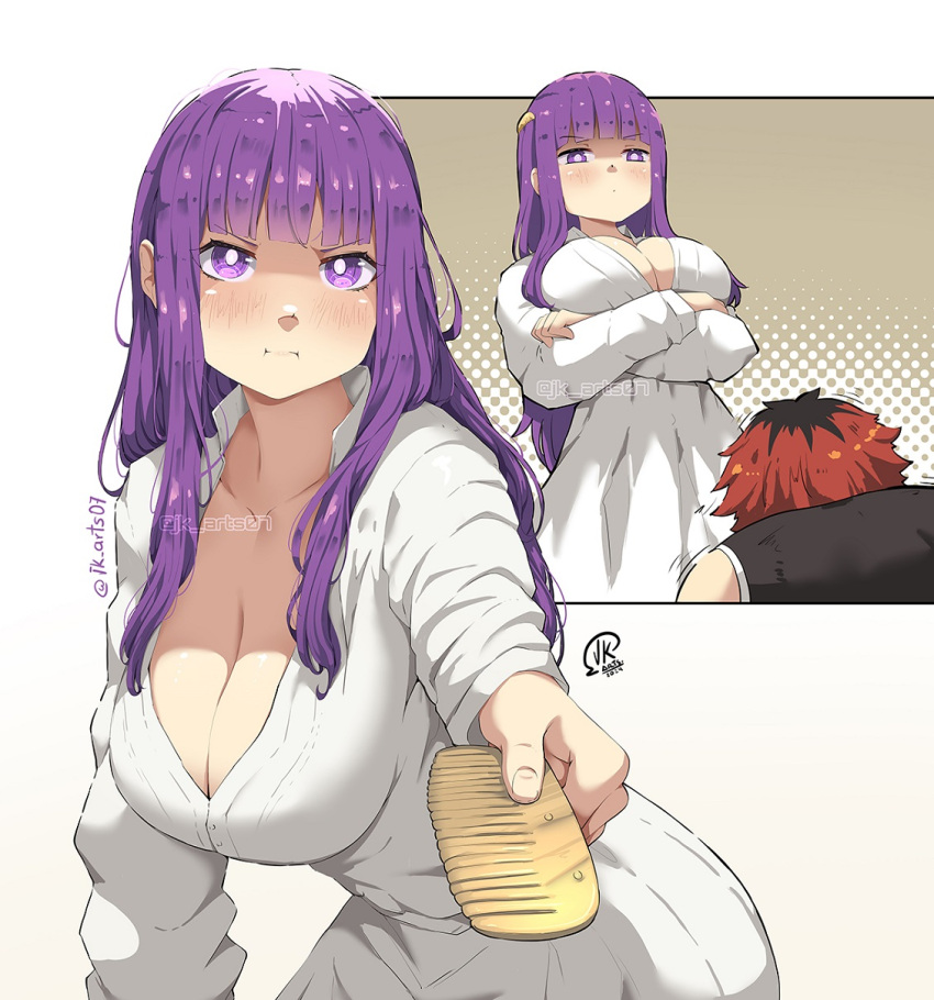 1boy black_hair blush breasts bright_pupils cleavage closed_mouth comb crossed_arms dress female fern_(sousou_no_frieren) highres holding holding_comb huge_breasts jk_arts long_hair multicolored_hair pout purple_eyes purple_hair red_hair sousou_no_frieren stark_(sousou_no_frieren) two-tone_hair white_dress white_pupils