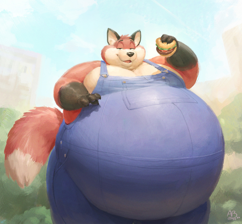 abthegreat anthro artfulreggie belly big_belly black_body black_fur burger canid canine chubby_cheeks claws clothed clothing food fox fur hi_res holding_burger holding_food holding_object huge_belly male mammal moobs obese obese_anthro obese_male open_mouth open_smile orange_body orange_fur outside overalls overalls_only overweight overweight_anthro overweight_male plant smile solo standing tongue tree white_body white_fur