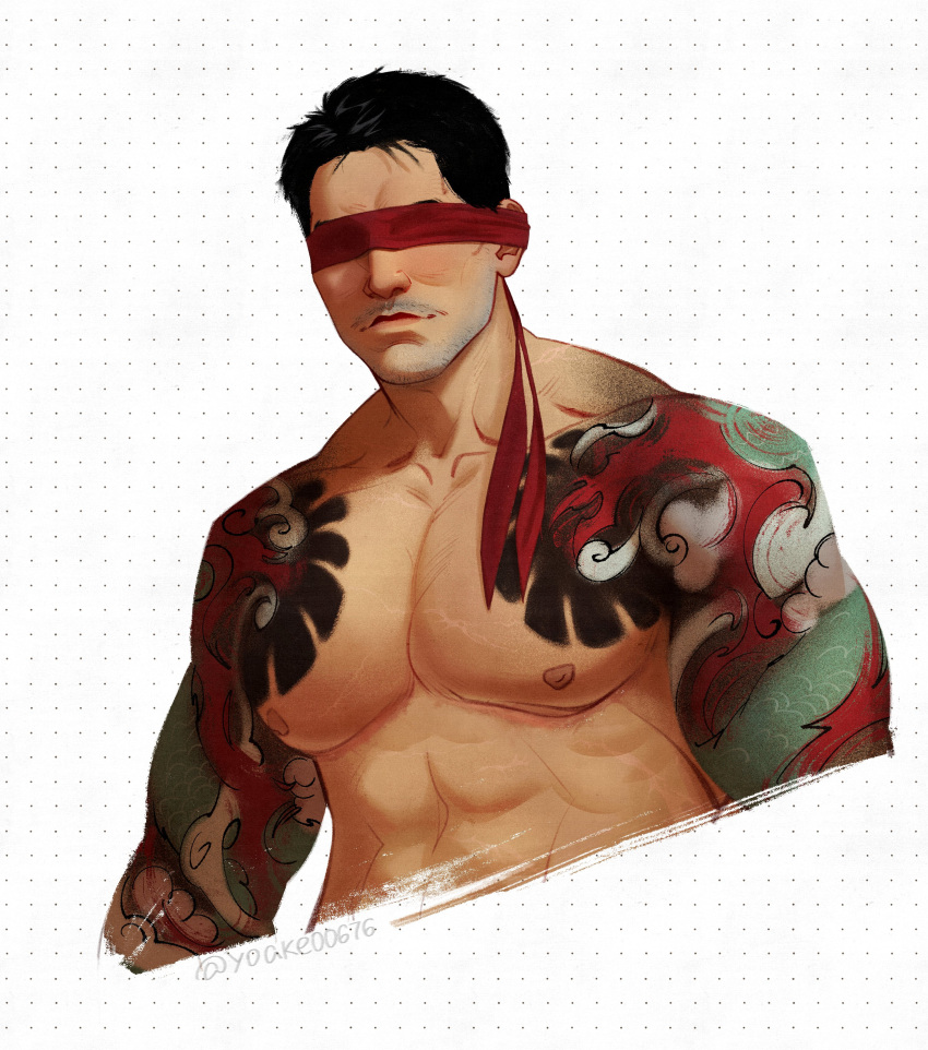 1boy abs absurdres arm_tattoo bare_shoulders beard_stubble black_hair blindfold closed_mouth collarbone commentary cropped_torso dotted_background facial_hair hashtag-only_commentary highres jedmossfeld kenshi_(mortal_kombat) male_focus mortal_kombat_(series) mortal_kombat_1_(2023) nipples pectorals red_blindfold short_hair solo stubble tattoo tattoo_sleeve toned toned_male topless_male twitter_username