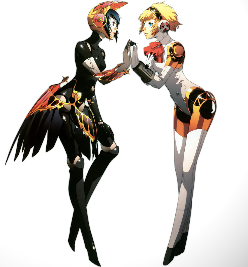 aegis_(persona) artist_request black_hair blonde_hair blue_eyes eye_contact female gradient gradient_background looking_at_another metis multiple_girls official_art persona persona_3 red_eyes robot robot_girl short_hair soejima_shigenori