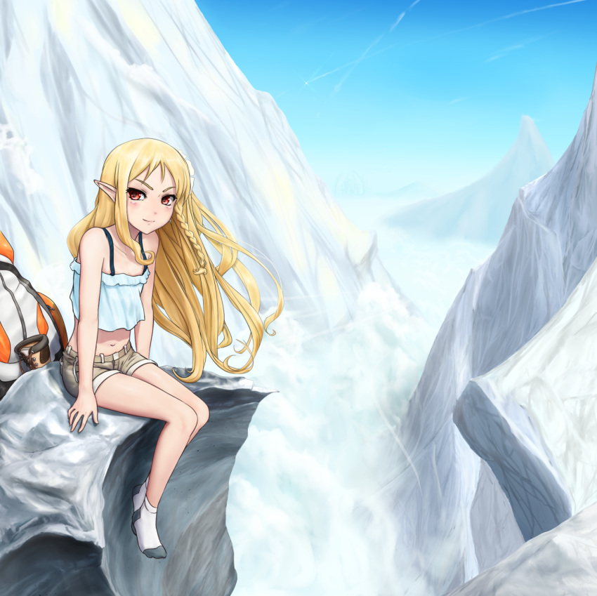 artist_request blonde_hair boots braid female highres long_hair mountain pointy_ears red_eyes sako_rk_95_(upotte!!) solo unworn_boots upotte!!