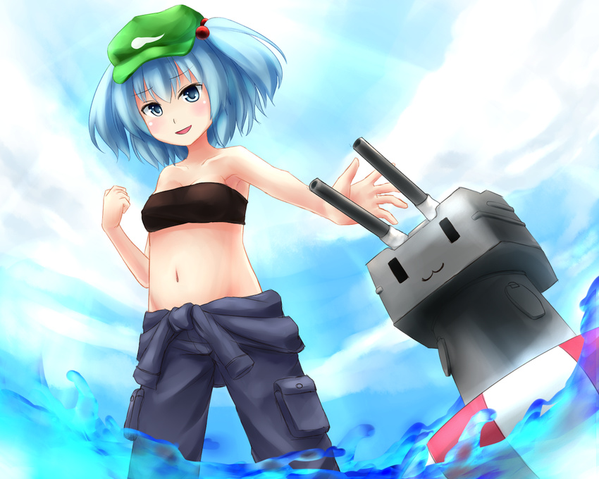 :3 anata_(lighttuner) armpits bandeau bare_shoulders blue_eyes blue_hair blue_sky breasts cleavage clothes_around_waist cloud collarbone commentary_request covered_nipples crossover day female hair_bobbles hair_ornament hat head_tilt innertube kantai_collection kawashiro_nitori looking_at_viewer navel no_shirt open_hand outstretched_arm pants parted_lips rensouhou-chan short_hair sky small_breasts sports_bra swim_ring touhou two_side_up water |_|