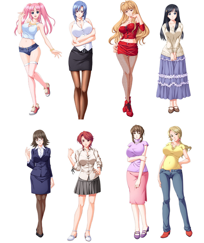 6+girls ai_(chikan_circle) artist_request asakura_miho black_hair black_skirt blonde_hair blue_eyes blue_pants blue_skirt breasts brown_eyes brown_hair chikan_circle cleavage collared_shirt denim denim_shorts dress formal full_body game_cg glasses grey_skirt hair_ornament hair_tie hairpin high_heels highres huge_breasts jeans jewelry kanou_yui kizuki_risa large_breasts long_hair mary_janes microskirt miniskirt multiple_girls necklace office_lady pants pantyhose pink_hair pink_skirt pleated_skirt purple_shirt red_eyes red_footwear red_hair red_skirt shikishima_ayumi shirt shoes short_hair shorts skirt skirt_suit smile suit tsubouchi_ayaka tsubouchi_mizuka twintails yashima_hazuki yellow_shirt