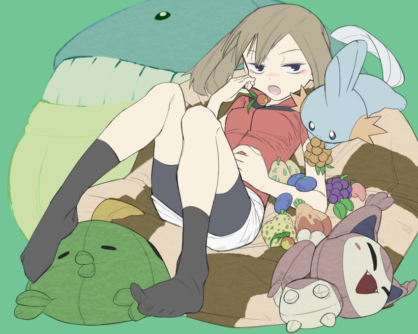 aspear_berry bare_arms bean_bag_chair berry_(pokemon) black_eyes black_shorts black_socks bluk_berry blush breasts brown_hair commentary_request donnpati eyebrows female food fruit full_body green_background gulpin half-closed_eyes holding holding_food holding_fruit iapapa_berry legs_apart leppa_berry lum_berry may_(pokemon) medium_breasts miniskirt mudkip no_headwear no_shoes open_mouth oran_berry persim_berry pokemon pokemon_(creature) pokemon_rse razz_berry red_shirt shirt short_hair short_sleeves shorts shorts_under_skirt sitrus_berry sitting skirt skitty socks stuffed_toy tongue wailmer white_skirt