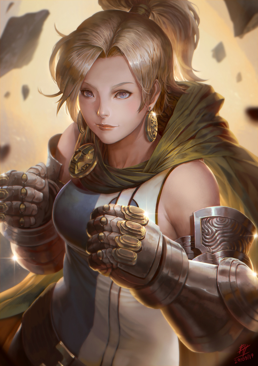 absurdres bare_shoulders belt blonde_hair blue_eyes cape commentary_request earrings female gauntlets gloves highres jewelry long_hair marvel photoshop_(medium) ponytail rock sgt_lonely solo sparkle upper_body valeria_von_doom