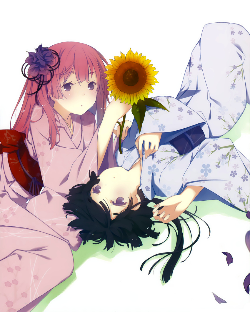 2girls akishino_himeka black_hair flower fuyuumi_ai hair_flower hair_ornament hand_on_own_chest highres japanese_clothes kimono long_hair looking_at_viewer lying multiple_girls obi on_back open_mouth ore_no_kanojo_to_osananajimi_ga_shuraba_sugiru petals pink_hair ponytail purple_eyes ruroo sash scan sunflower yukata