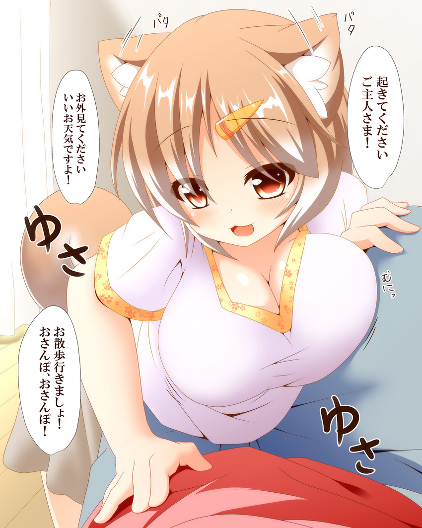 :3 absurdres animal_ears bad_id bad_pixiv_id blush breast_press breasts brown_eyes cleavage commentary_request dog_ears dog_tail ear_wiggle female hair_ornament hairclip hajime_(ak-r) highres large_breasts leaf_print light_brown_hair looking_at_viewer maki-chan open_mouth original pants personification pov shiba_inu shirt skirt smile solo_focus tail translated