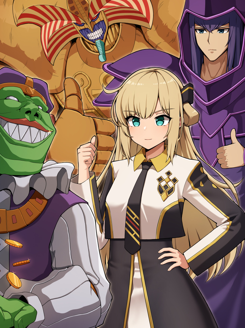 3boys absurdres aqua_eyes blonde_hair coin colored_skin dark_magician duel_monster english_commentary exodia_the_forbidden_one female gameplay_mechanics goblin goblin_of_greed gold_coin green_skin grey_eyes hair_ornament hand_on_own_hip hand_up hat highres long_hair long_sleeves macatatera multiple_boys necktie no_pupils purple_hair red_hair sharp_teeth sky_striker_ace_-_raye smile teeth thumbs_up upstart_goblin yu-gi-oh!