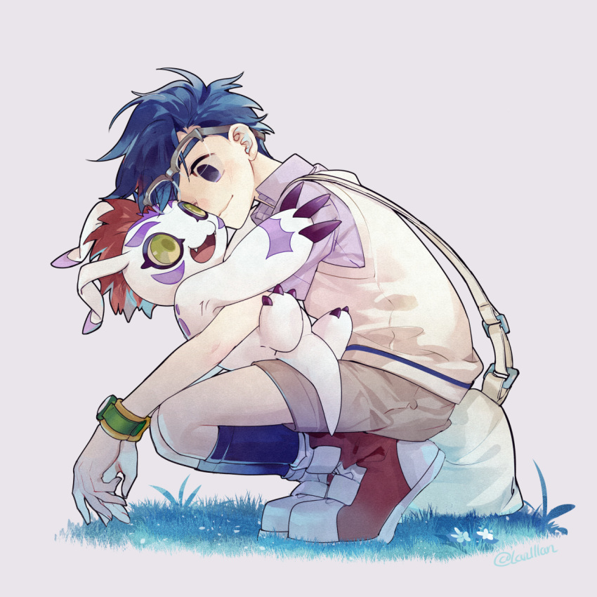 1:1 bandai_namco blue_hair claws crouching digimon digimon_(species) duo eyewear feral fur glasses gomamon green_eyes hair hi_res hug human joe_kido lanllan male mammal red_hair white_body white_fur