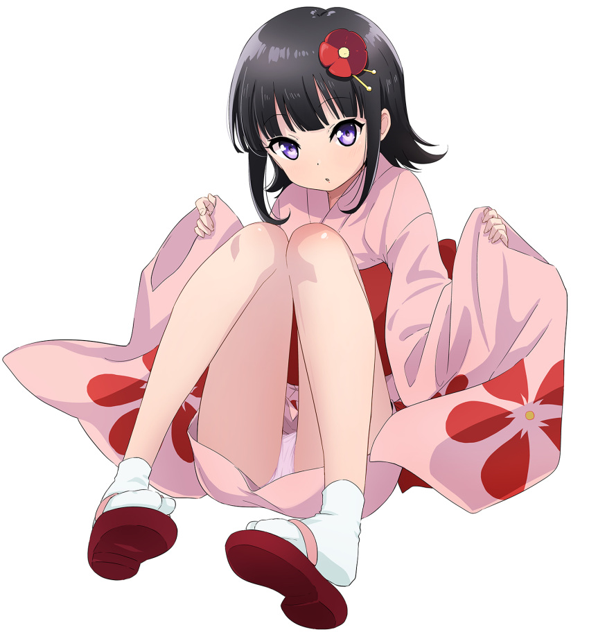 abe_kanari black_hair blush female floral_print flower hair_flower hair_ornament highres japanese_clothes kiitarou_shounen_no_youkai_enikki kimono long_sleeves looking_at_viewer obi panties pink_kimono purple_eyes red_flower sandals sash short_kimono socks solo suzu_(kiitarou) tabi underwear white_panties white_socks wide_sleeves zouri