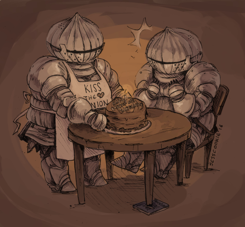 1boy armor birthday_cake cake covered_face dark_souls_(series) father_and_daughter female food full_armor gauntlets helmet jesscookie shoulder_armor sieglinde_of_catarina siegmeyer_of_catarina table