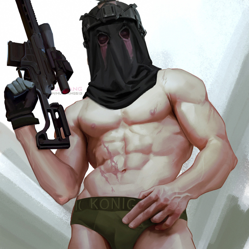 1boy abs artist_name bara black_male_underwear briefs call_of_duty call_of_duty:_modern_warfare_2 covered_face gun helmet highres holding holding_gun holding_weapon huntang513 konig_(call_of_duty) large_pectorals looking_at_viewer male_focus male_underwear mask muscular muscular_male navel nipples pectorals scar scar_on_stomach solo twitter_username underwear weapon