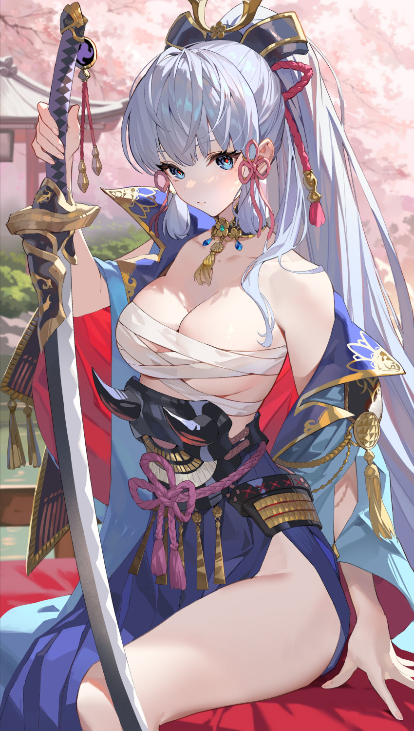 absurdres amenoma_kageuchi_(genshin_impact) bare_shoulders blue_eyes breasts budget_sarashi cleavage collar female genshin_impact hair_ornament highres holding holding_sword holding_weapon japanese_clothes kamisato_ayaka katana long_hair looking_at_viewer medium_breasts mole mole_under_eye ponytail sarashi sitting solo sword teffish thighs very_long_hair weapon white_hair