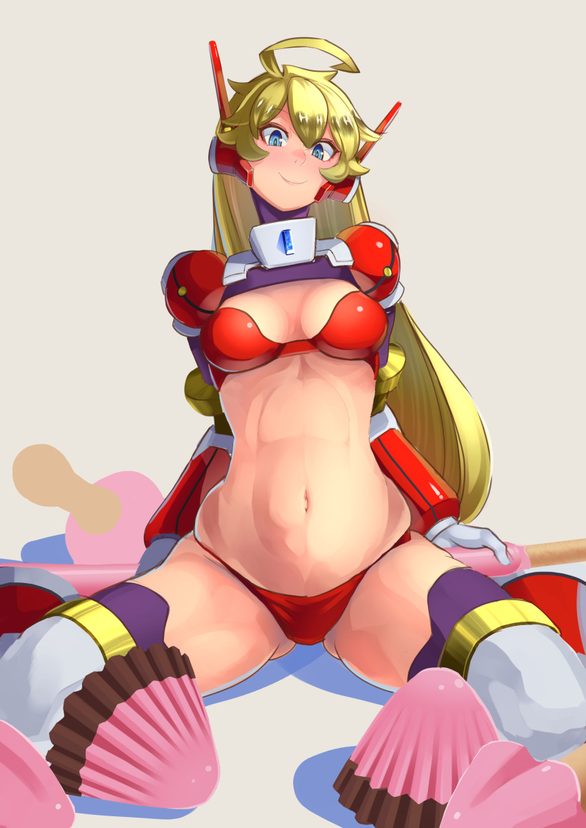 absurdres ahoge android atatatamu bikini blonde_hair blue_eyes boots breasts candy choukadou_girl_1/6 female food gloves head_tilt headgear highres long_hair looking_at_viewer mecha_musume medium_breasts mini_person minigirl navel nona_(choukadou_girl_1/6) purple_thighhighs red_bikini shrug_(clothing) sitting smile solo stomach swimsuit thighhighs thighhighs_under_boots very_long_hair wariza white_footwear white_gloves