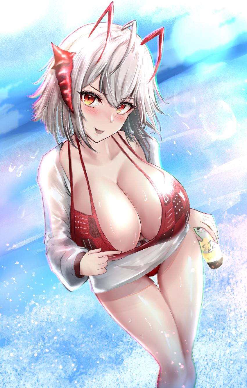 :d absurdres antenna_hair arknights bare_legs bikini bikini_under_clothes breasts can cleavage collarbone day drink_can dutch_angle feet_out_of_frame female grey_hair grey_jacket head_tilt highres holding holding_can horns jacket lens_flare long_sleeves looking_at_viewer open_clothes open_jacket open_mouth outdoors poni_(poni_arknights) red_bikini red_eyes red_hair see-through short_hair smile soda_can solo standing swimsuit thigh_gap two_side_up v-shaped_eyebrows w_(arknights) water wet_jacket