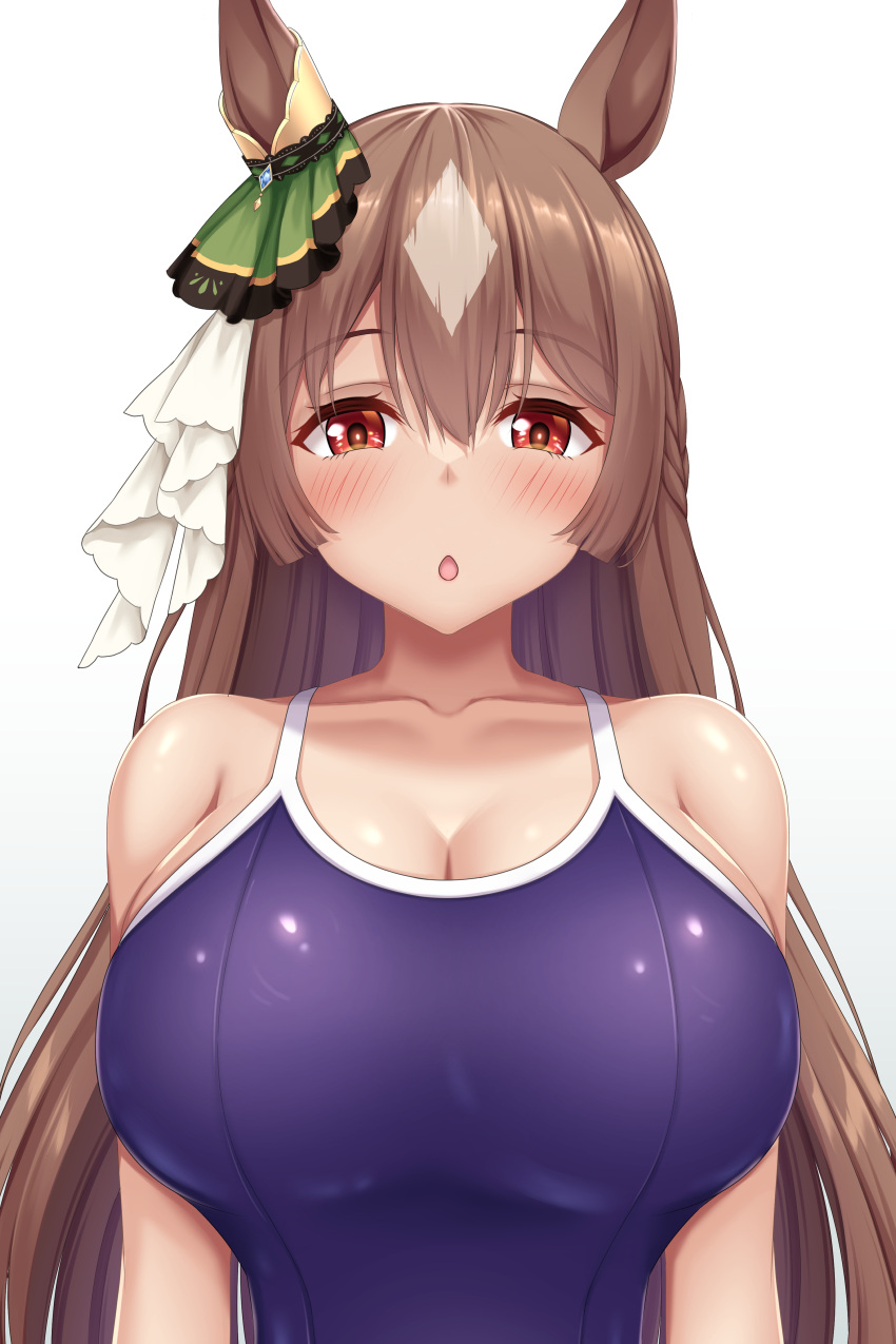 :o absurdres animal_ears arms_at_sides bad_id bad_pixiv_id blue_gemstone blue_one-piece_swimsuit blush braid breasts brown_hair chestnut_mouth cleavage collarbone commentary_request competition_school_swimsuit ear_ornament ear_ribbon female french_braid gem green_ribbons grey_hair hair_between_eyes half-closed_eyes half_updo highres horse_ears horse_girl large_breasts long_hair looking_at_viewer multicolored_hair one-piece_swimsuit open_mouth red_eyes ribbon satono_diamond_(umamusume) school_swimsuit shiny_clothes shiny_skin sideboob simple_background solo straight_hair swimsuit tapisuke tracen_swimsuit two-tone_hair umamusume upper_body very_long_hair white_background white_hair white_ribbon