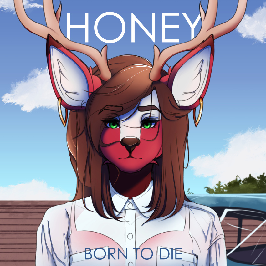 1:1 absurd_res album_cover anthro antlers born_to_die bra brown_hair clothed clothing cosplay cover deer ear_piercing ear_ring elizabeth_grant green_eyes hair hi_res honey_(stagshack) horn lana_del_rey long_hair looking_at_viewer male mammal piercing real_world ring_piercing solo stagshack text underwear