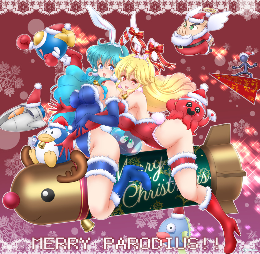 2girls akane_(parodius) angel angel_wings animal_ears ayumu_(ayumumkrg) blonde_hair blue_eyes blue_leotard boots christmas feathered_wings frilled_leotard frills fur-trimmed_boots fur-trimmed_gloves fur-trimmed_leotard fur_trim gerwalk gloves gradius green_hair halo hat highres hikaru_(parodius) koitsu_(parodius) leotard mambo_(parodius) mecha michael_(parodius) multiple_girls paper_airplane parodius pentarou pig playboy_bunny rabbit_ears red_eyes red_leotard robot sack santa_boots santa_costume santa_hat spacecraft starfighter takosuke twinbee twinbee_(character) vic_viper white_wings wings