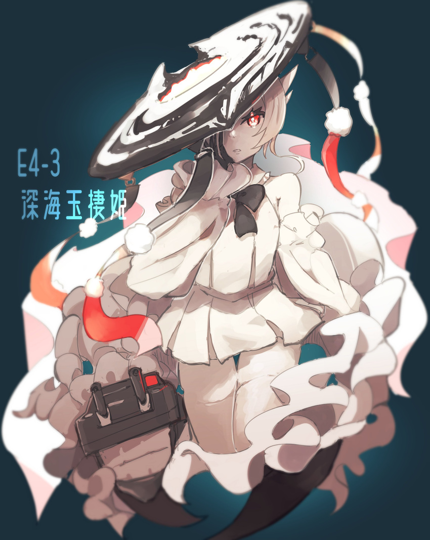 absurdres abyssal_jade_princess abyssal_ship black_bow black_bowtie black_hat blue_background bow bowtie character_name colored_skin cropped_legs detached_sleeves dress female frills hat highres horns kantai_collection ma_rukan pale_skin parted_lips pom_pom_(clothes) red_eyes short_hair simple_background solo thighhighs tilted_headwear turret white_dress white_hair white_skin white_thighhighs