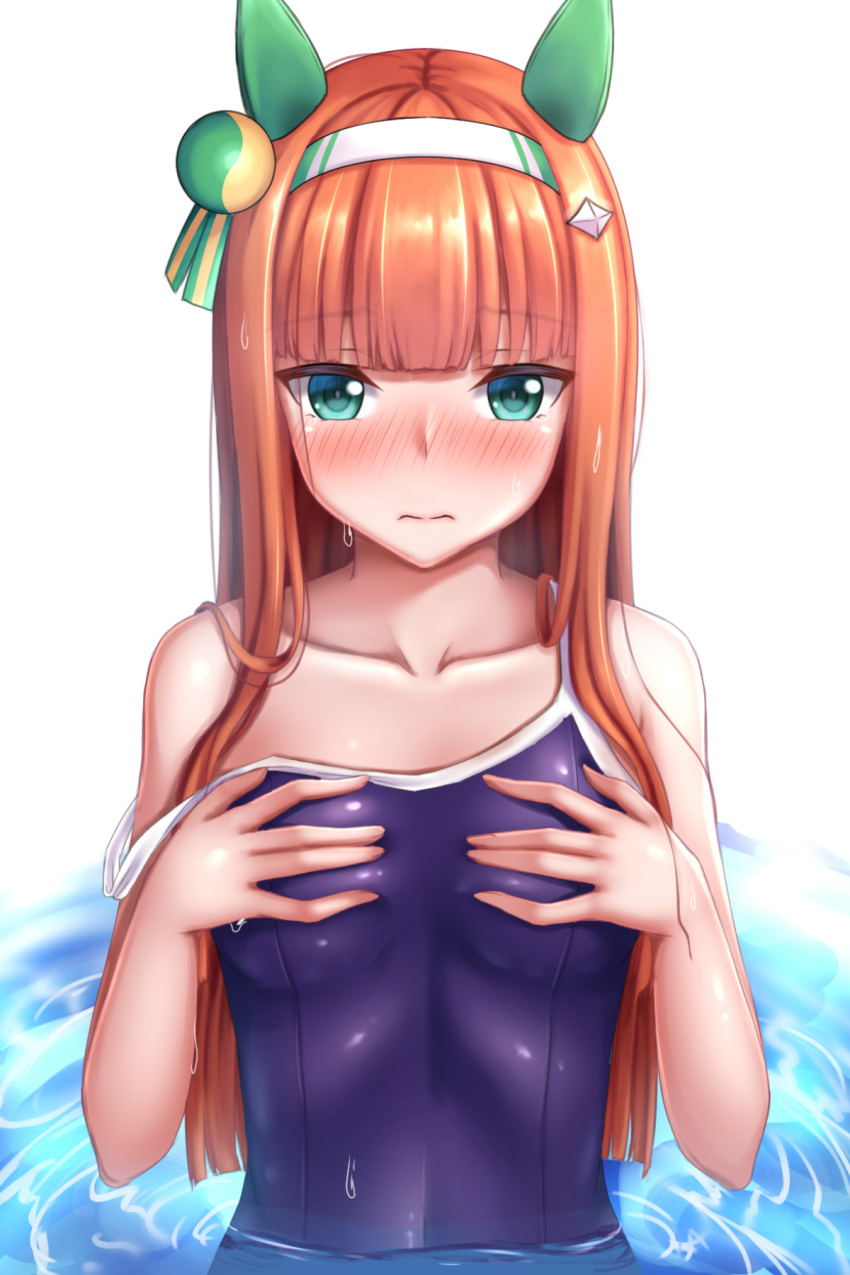 animal_ears aqua_eyes bad_id bad_pixiv_id blue_one-piece_swimsuit blunt_bangs blunt_ends blush breast_conscious breasts closed_mouth collarbone commentary_request competition_school_swimsuit ear_covers ear_ornament embarrassed female frown green_ribbons hair_ornament hairband hairclip hands_on_own_chest highres horse_ears horse_girl long_hair looking_at_viewer nose_blush one-piece_swimsuit orange_hair partially_submerged raised_eyebrows ribbon school_swimsuit shiny_clothes sidelocks silence_suzuka_(umamusume) simple_background small_breasts solo straight_hair strap_slip swimsuit tapisuke tracen_swimsuit umamusume upper_body water wet wet_clothes wet_hair white_background white_hairband