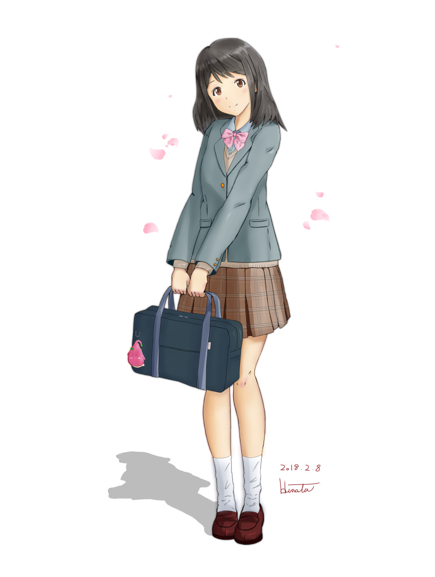 absurdres artist_name bag bag_charm black_hair blazer blush bow brown_eyes brown_footwear brown_skirt charm_(object) dated female full_body grey_jacket highres hinata2325 jacket long_sleeves looking_at_viewer medium_hair mizuno_akane pink_bow plaid plaid_skirt school_bag school_uniform shadow simple_background skirt smile socks solo standing sweater tsuki_ga_kirei white_background white_socks