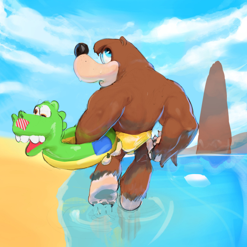 1:1 acrossthestreetfromyou animal_pool_toy animal_swim_ring anthro banjo-kazooie banjo_(banjo-kazooie) beach bear black_nose blue_eyes brown_body brown_fur claws clothing cloud dripping foot_in_water fur hi_res hill holding_object holding_pool_toy holding_swim_ring inanimate_object inflatable inner_tube looking_up male mammal mountain muscular muscular_male partially_submerged patch_(fabric) pool_toy raised_foot rareware reflection sand sea seaside shallow_water solo speedo swim_ring swimwear walking walking_in_water water wedgie wet wet_body wet_fur yellow_clothing yellow_speedo yellow_swimwear