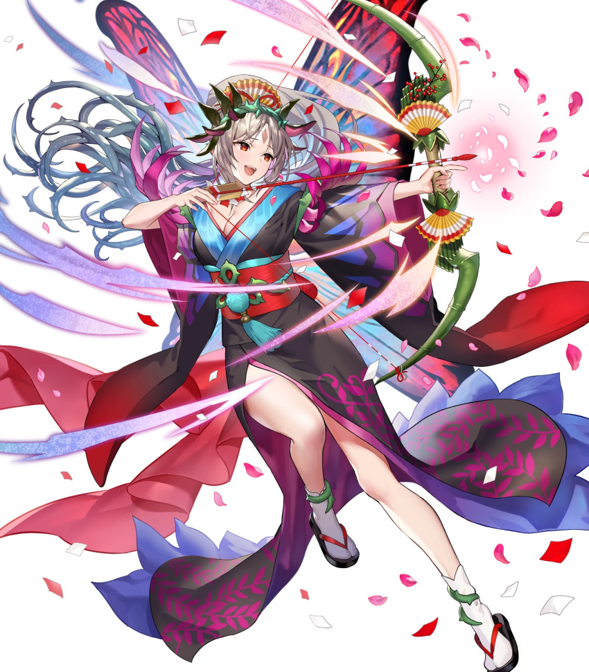 arrow_(projectile) bow_(weapon) breasts cleavage facial_mark fairy_wings female fire_emblem fire_emblem_heroes forehead_mark full_body gradient_hair highres holding holding_bow_(weapon) holding_weapon japanese_clothes kimono large_breasts long_hair looking_away multicolored_hair non-web_source obi official_art petals plumeria_(fire_emblem) plumeria_(new_year)_(fire_emblem) pointy_ears ponytail red_eyes sandals sash smile solo tabi teffish transparent_background weapon white_legwear wide_sleeves wings