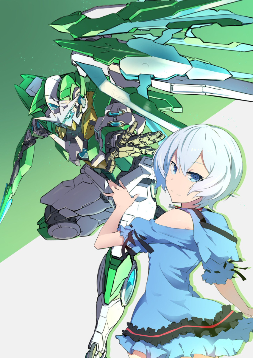 00_shia_qan[t] blue_dress blue_eyes blue_hair clothing_cutout dress female glowing glowing_eye gundam gundam_build_fighters gundam_build_fighters_try highres holding holding_shield hooded_dress kijima_shia mecha mobile_suit open_hand robot sa/tsu/ki science_fiction shield short_hair shoulder_cutout smile v-fin