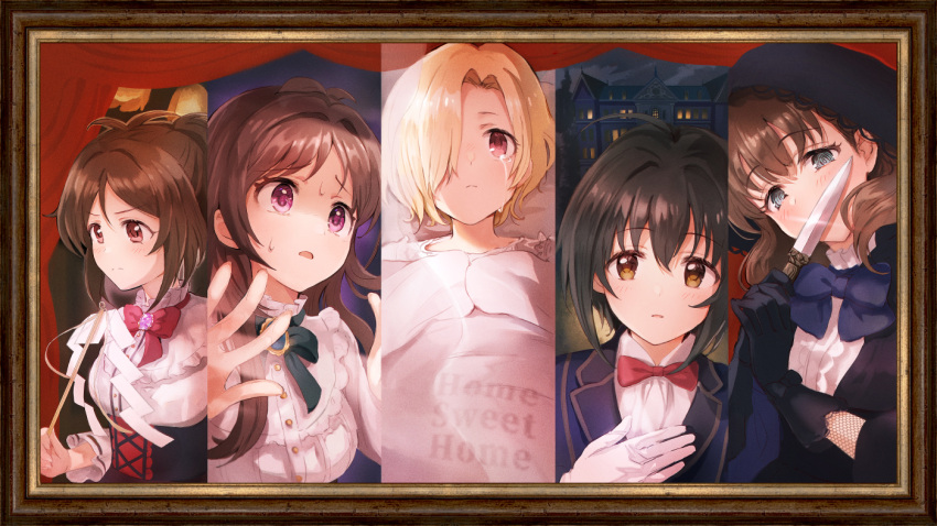 5girls bow bowtie brown_hair collage domyoji_karin drawing_(object) english_commentary glint gloves gohei idolmaster idolmaster_cinderella_girls idolmaster_cinderella_girls_starlight_stage knife kohinata_miho looking_away multiple_girls neck_ribbon omisoshiru picture_frame protected_link ribbon sakuma_mayu shirasaka_koume stage_curtains sweatdrop teardrop tsujino_akari upper_body