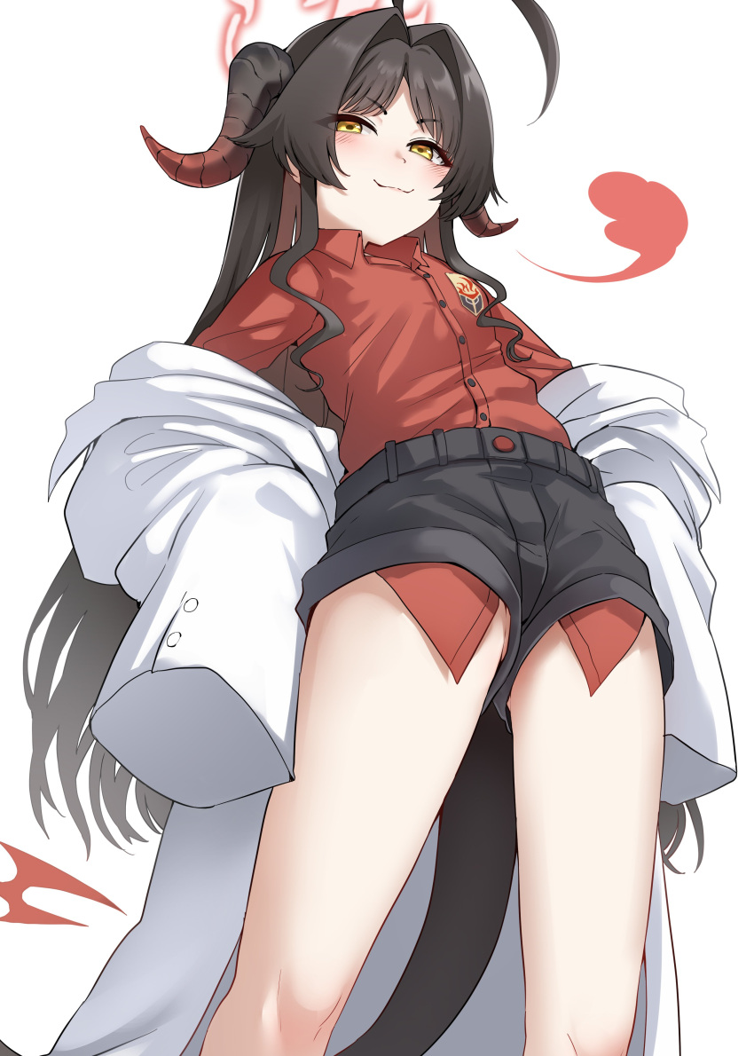 absurdres ahoge black_hair black_horns black_shorts black_tail blue_archive blush buttons closed_mouth coat collared_shirt demon_horns feet_out_of_frame female flat_chest hair_intakes halo highres horns kasumi_(blue_archive) kiritto lab_coat long_hair oversized_clothes red_halo red_shirt shirt shirt_tucked_in shorts simple_background sleeves_past_fingers sleeves_past_wrists smug solo tail white_background white_coat yellow_eyes