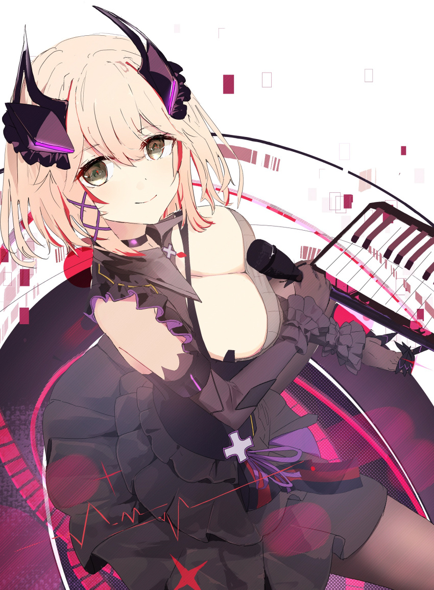 absurdres azur_lane black_dress blonde_hair breasts cleavage dress elbow_gloves female gloves hair_between_eyes hair_ornament highres hinaname holding holding_microphone instrument keyboard_(instrument) looking_at_viewer looking_up microphone multicolored_hair pantyhose red_hair roon_(azur_lane) roon_(muse)_(azur_lane) smile streaked_hair yellow_eyes