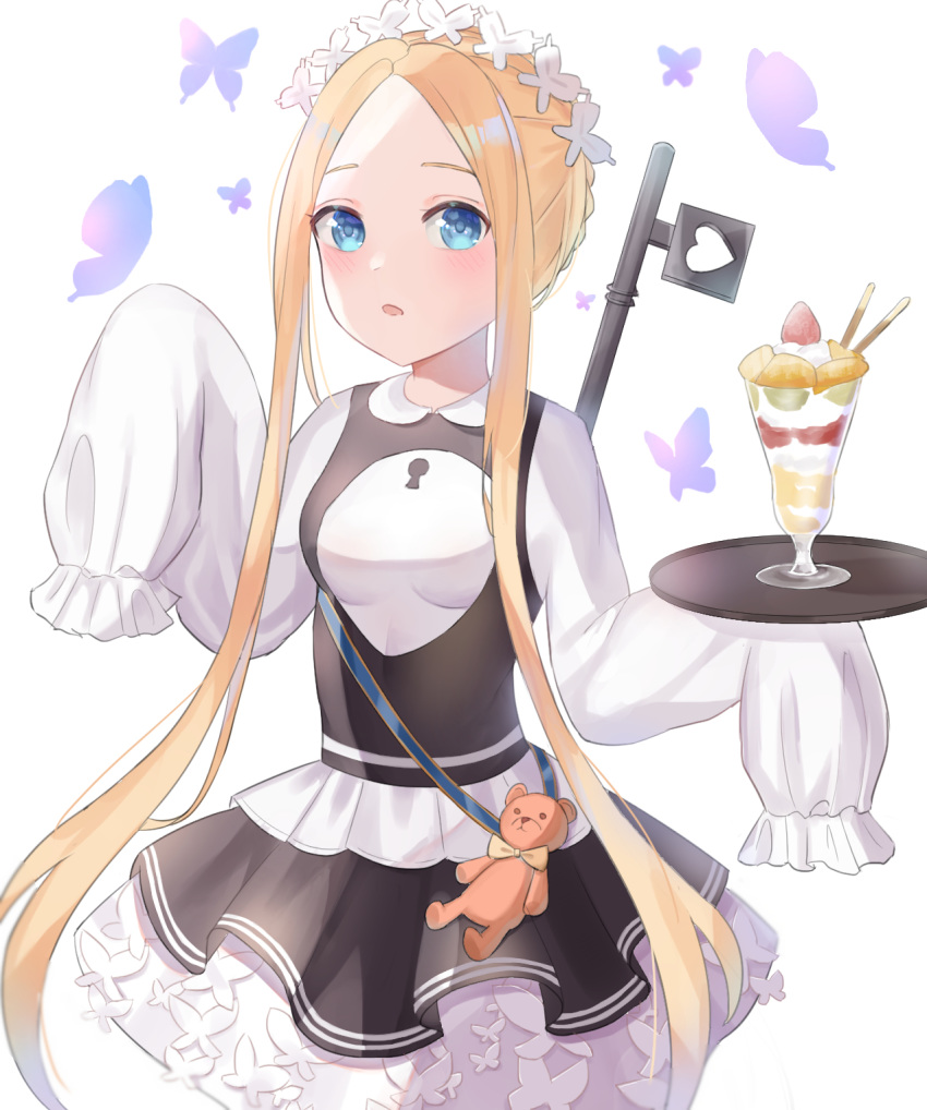 abigail_williams_(fate/grand_order) artist_request bangs black_skirt blonde_hair blue_eyes blush breasts bug butterfly dress fate/grand_order fate_(series) female forehead heroic_spirit_festival_outfit highres insects key keyhole layered_skirt long_hair long_sleeves looking_at_viewer maid_headdress open_mouth parfait parted_bangs sash simple_background skirt sleeves_past_fingers sleeves_past_wrists small_breasts stuffed_animal stuffed_toy teddy_bear tray white_dress