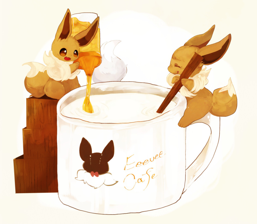 :3 alternate_color animal_focus bad_id bad_pixiv_id banchiku beige_background blush bottle brown_eyes character_name closed_mouth commentary_request cup eevee english_text from_side full_body happy holding honey licking_lips light_blush milk mixing mug no_humans nose_blush oerba_yun_fang open_mouth pokemon pokemon_(creature) pouring profile shiny_and_normal shiny_pokemon sideways_mouth simple_background sitting smile tongue tongue_out