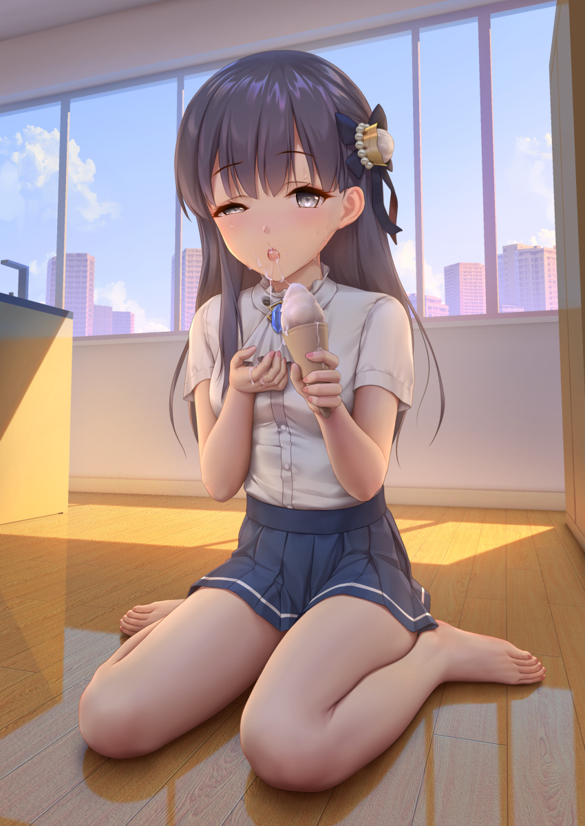 absurdres bare_legs barefoot black_hair blue_skirt building day feet female full_body highres himitsu_(hi_mi_tsu_2) ice_cream_cone indoors kaguyano miniskirt peppercorn_sauce_(kaguyano) shirt short_sleeves sitting skirt solo wariza white_shirt