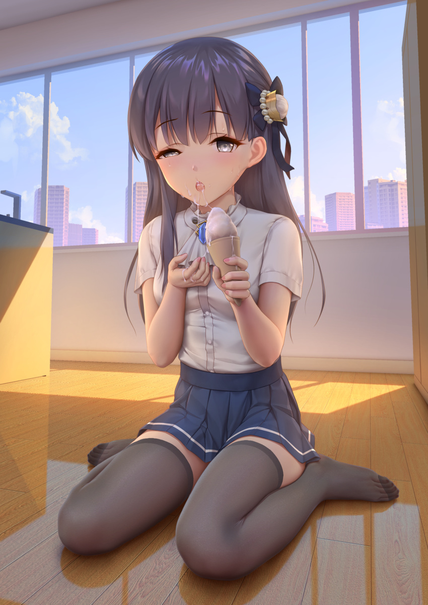 absurdres black_hair black_thighhighs blue_skirt building day feet female full_body highres himitsu_(hi_mi_tsu_2) ice_cream_cone indoors kaguyano miniskirt no_shoes peppercorn_sauce_(kaguyano) shirt short_sleeves sitting skirt solo thighhighs wariza white_shirt