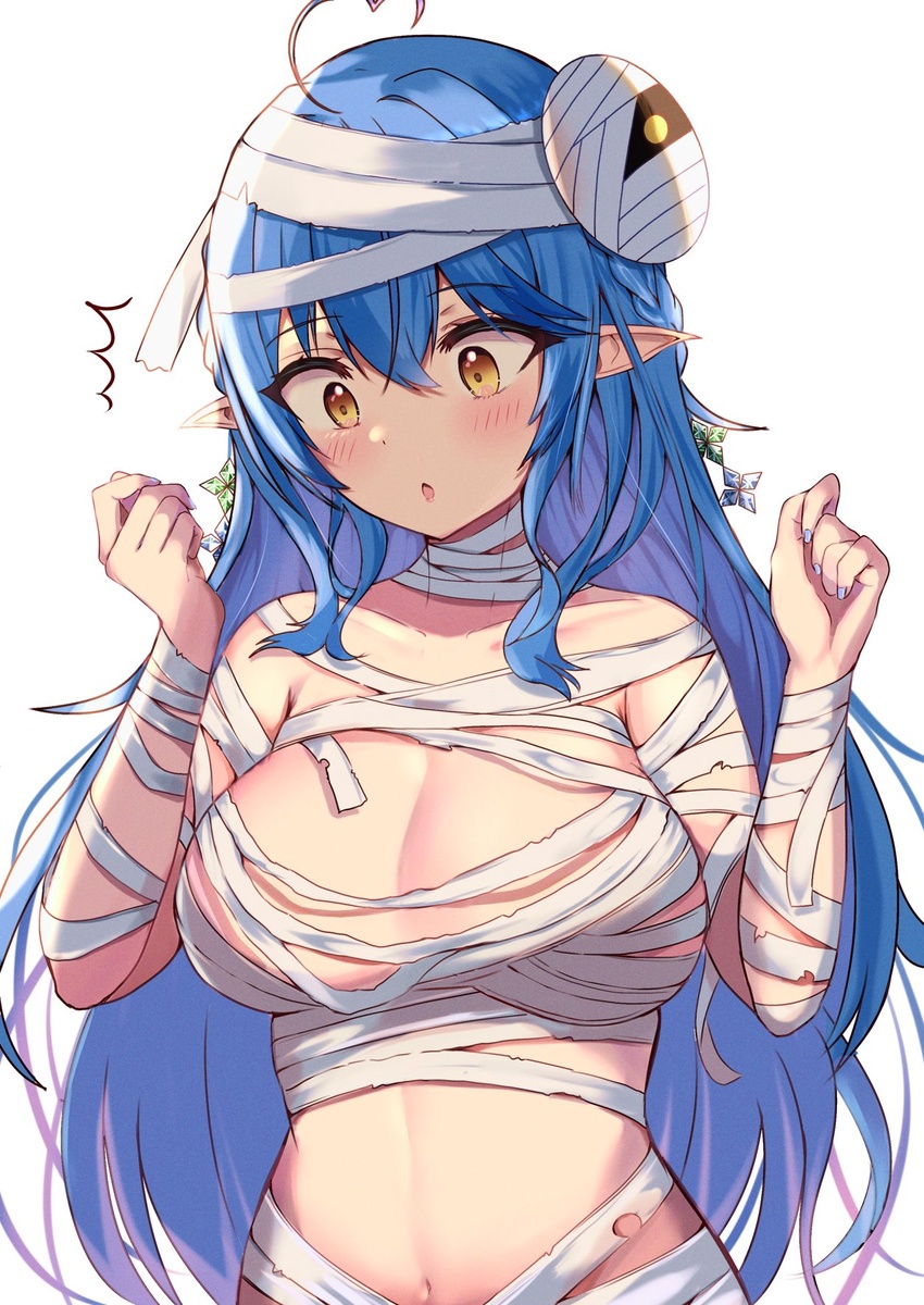 ahoge blue_hair blue_nails braid breasts colored_tips female half_updo heart heart_ahoge highres hololive large_breasts long_hair mask mask_on_head multicolored_hair mummy_costume navel pointy_ears sabamiso_(tomomon021831) side_braid simple_background streaked_hair virtual_youtuber white_background yellow_eyes yukihana_lamy